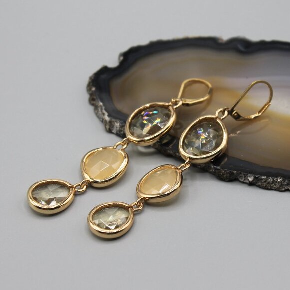 Jewelry earrings gold tone drop dangle with stones fashion elegant beautiful - Picture 6 of 11